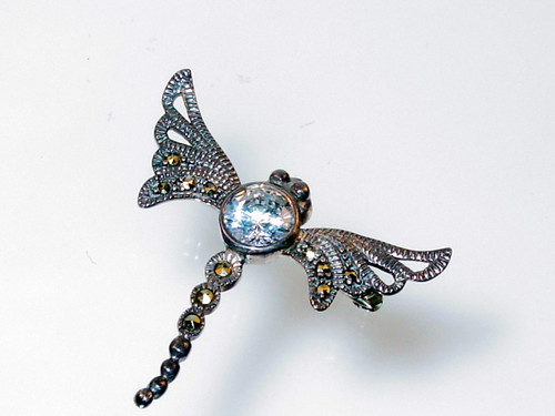 1970's Sterling Marcasite CZ Dragonfly Pin