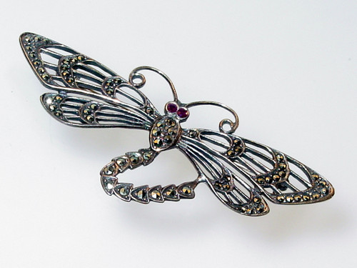 Sterling Marcasite Owlfly Brooch Ruby Eyes