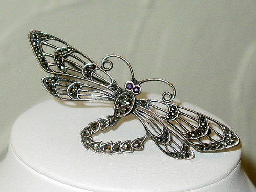 Owlfly Lacewing Sterling Marcasite Brooch with Ruby Gem Eyes