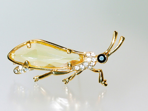 Glass Citrine & Rhinestone Katydid Leaf Bug Brooch