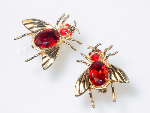 Retro Coro Pegasus Red Rhinestone Fly Bee Brooches