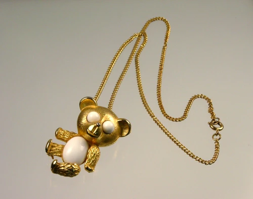 Milk Glass Teddy Bear Brooch Pendant Necklace