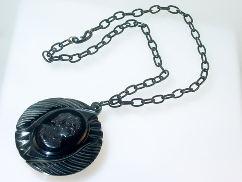Black Carved Bakelite Pendant Necklace