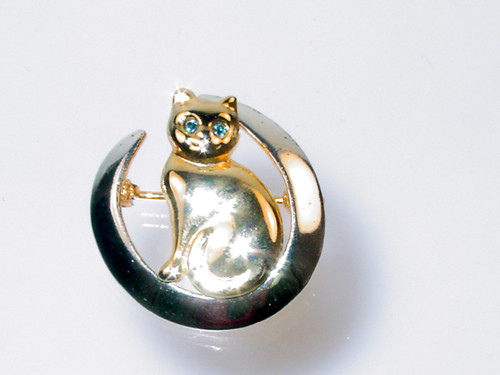 Blue Rhinestones Cat on Crescent Moon Brooch