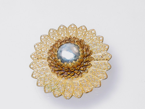 Miriam Haskell Russian Gilt Gold Brooch Faux Pearl Center