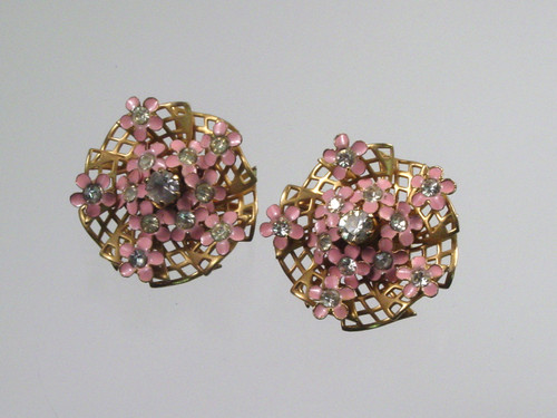 1950's Kramer Pink Enamel Flowers Earrings