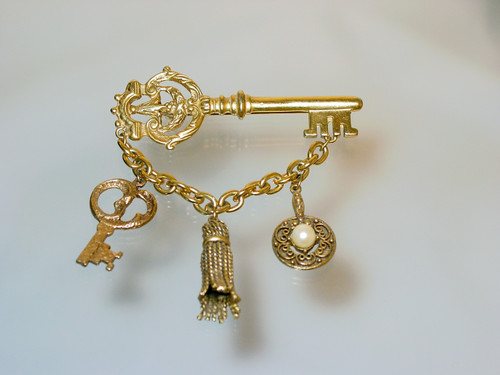 Large Key Brooch with Charms