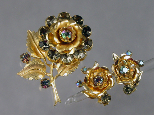 1960's Rose Brooch and Earrings with Smoky Grey Rhinestones