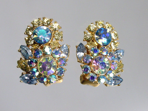 Crown Trifari Contessa Marquise Blue & Yellow Earrings