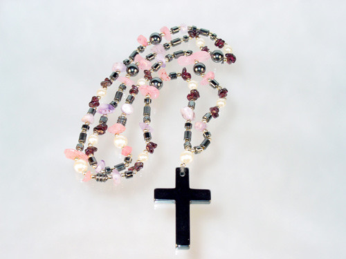 Long gemstone necklace with cross