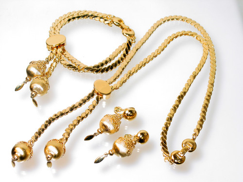 1960's Vintage Monet Adjustable Slide Lariat Necklace, Bracelet, Earrings Set