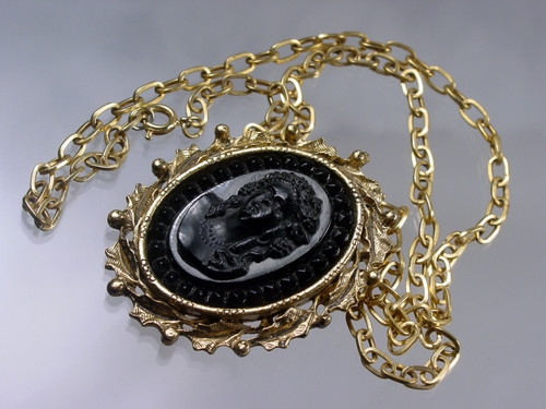 1970's Long Necklace Black Glass Cameo 1970's Long Necklace Black Glass Cameo