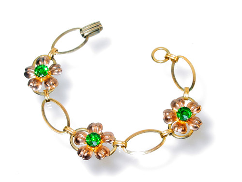 1940's Van Dell Floral Green Rhinestone Bracelet