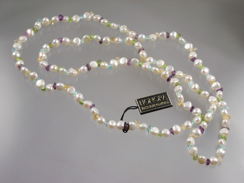 34 inch long freshwater pearl and gemstone necklace