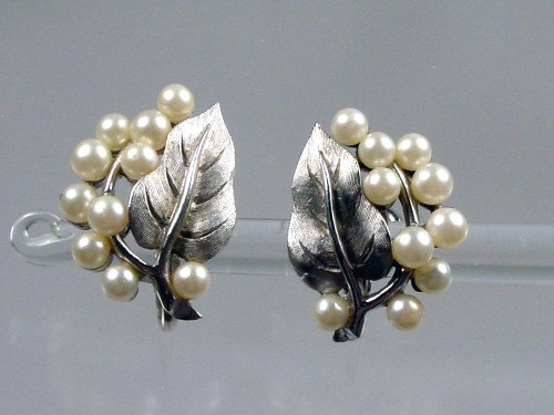 Trifari Pearl Leaf Earrings