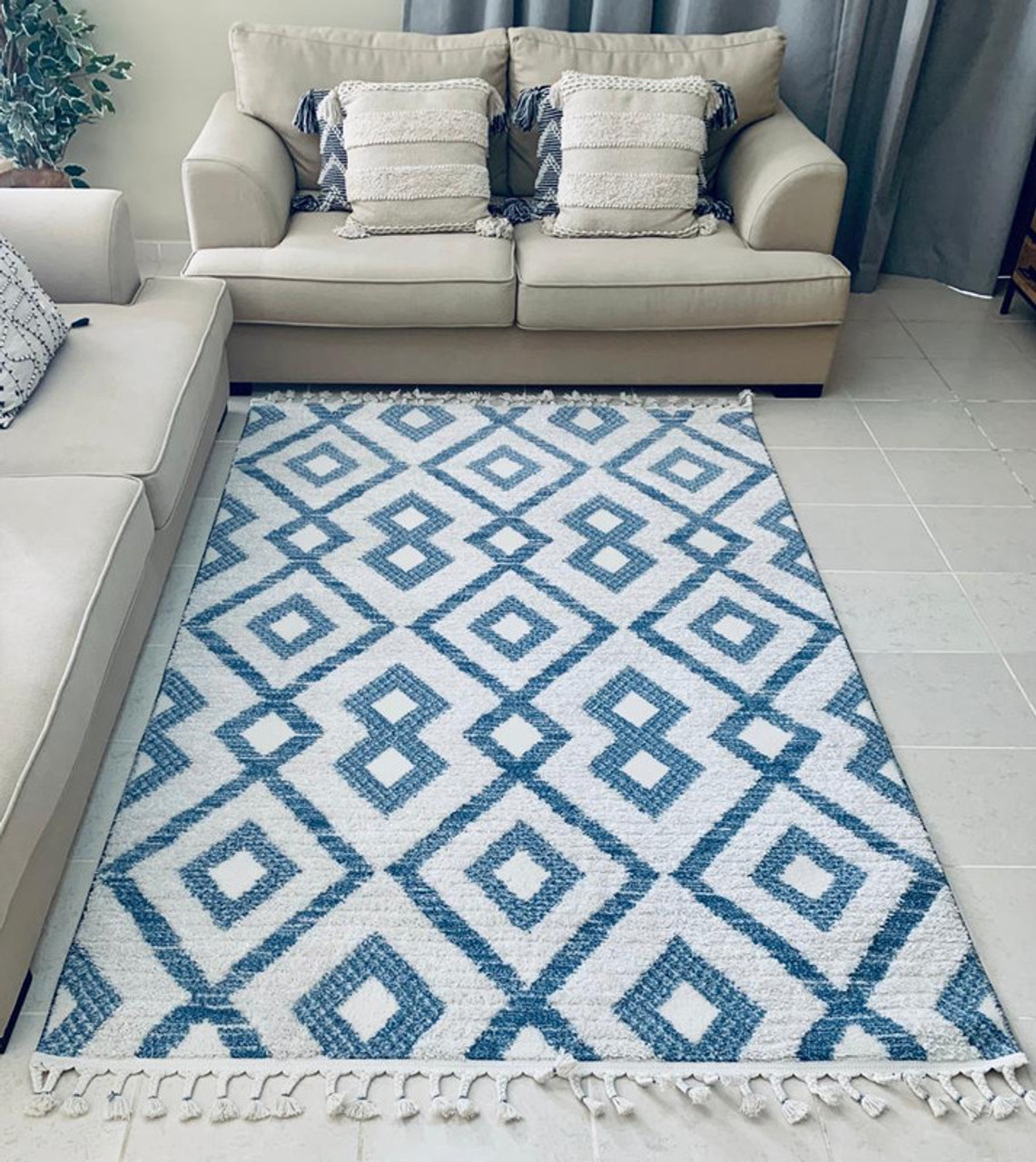 Flash Furniture Gideon Collection Geometric 5' x 5' Blue, Grey, and White Round Olefin Area Rug with Cotton Backing, Living Room, Bedroom