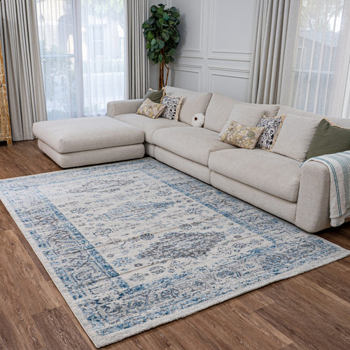 Renaissance Vintage Rug-Cream Sky Blue-Distressed Design-Low Pile-Multiple sizes Renaissance Vintage Rug-Cream Sky Blue-Distressed Design-Low Pile-Multiple sizes