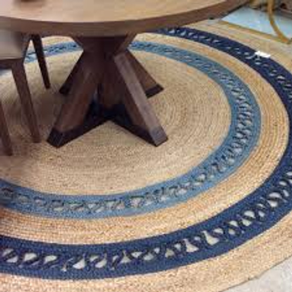 Madras Round  rug-Natural Beige Navy Blue-100% Jute-Low Pile-Multiple Sizes