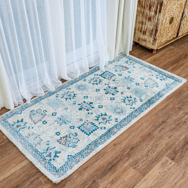 Ode Vintage Rug-Distressed Design-Cream-Sky Blue-Low Pile-Multiple Sizes Ode Vintage Rug-Distressed Design-Cream-Sky Blue-Low Pile-Multiple Sizes