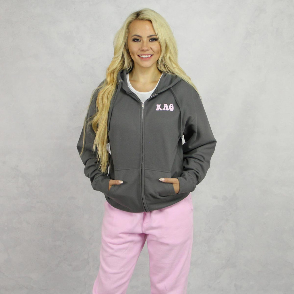 Kappa Alpha Theta full zip sweatshirt hoodie grey pink print front