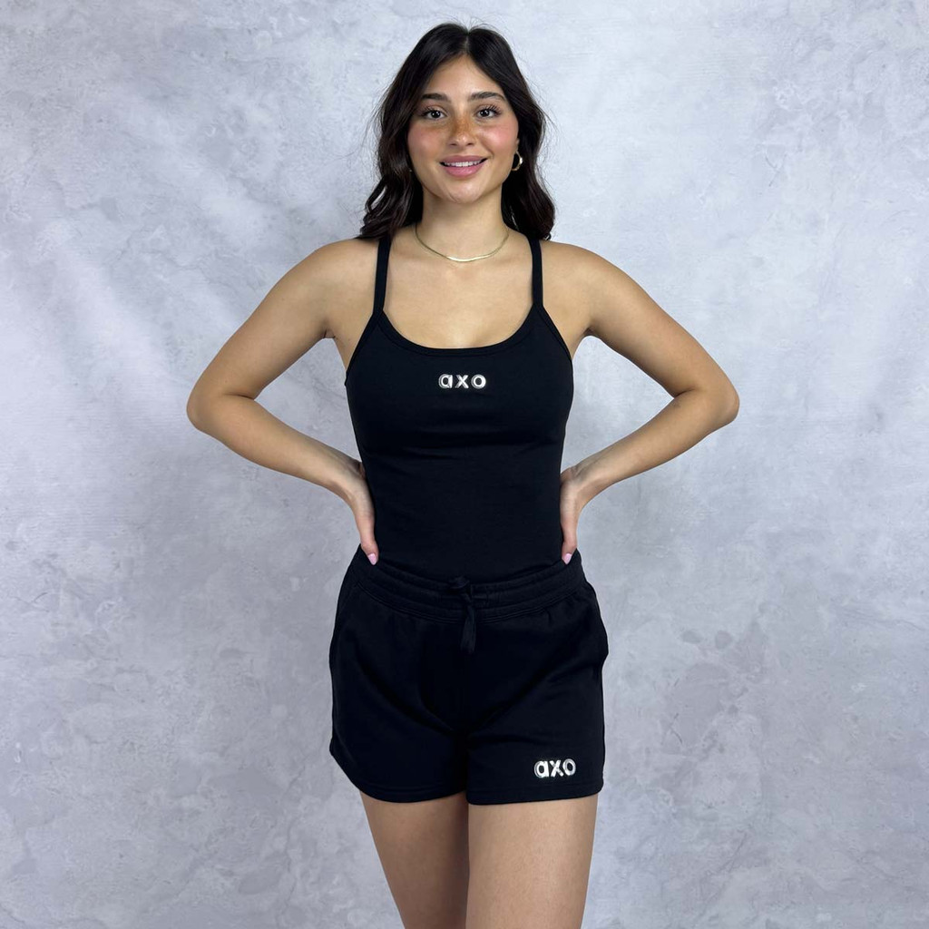 Alpha Chi Omega Tank in black with silver logo 