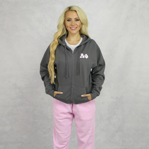 Alpha Phi full zip sweatshirt hoodie grey pink print front