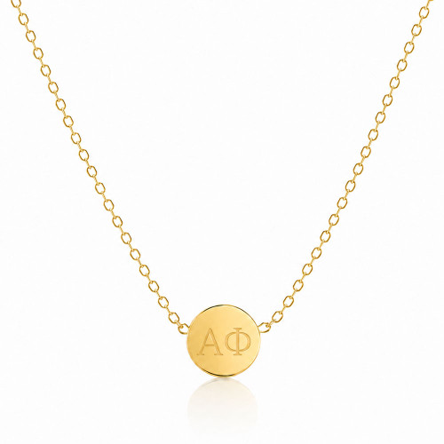 Alpha Phi Gold Sorority necklace with Greek letters and ivy logo
