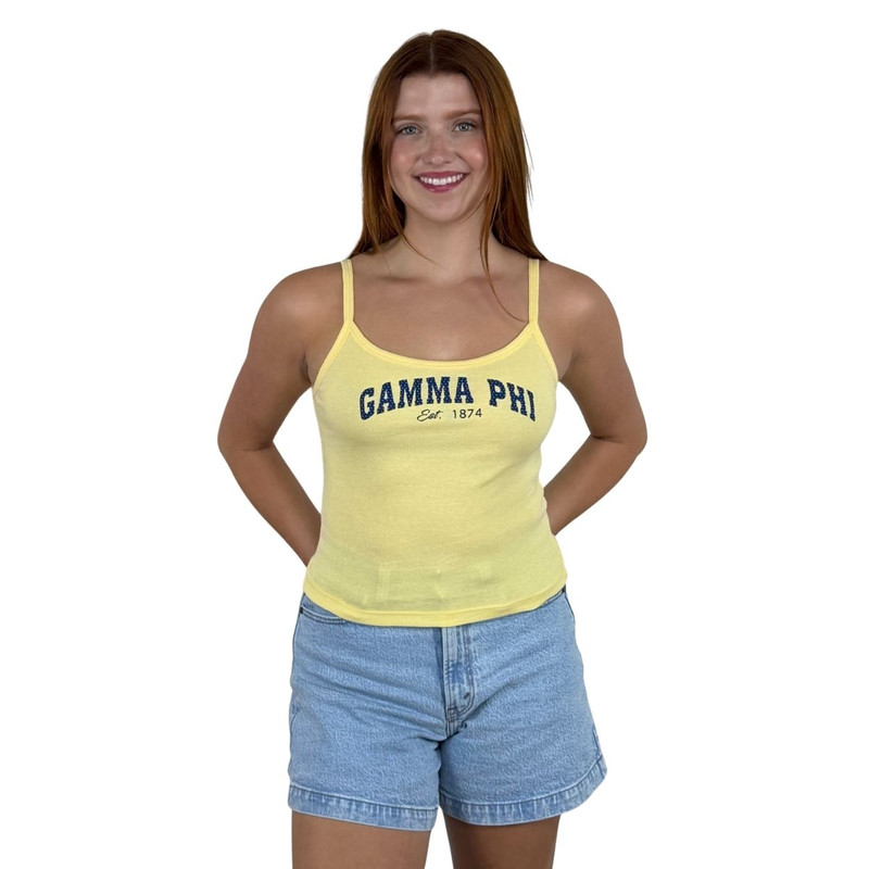 Gamma Phi Beta Tank in yellow with polka dot print