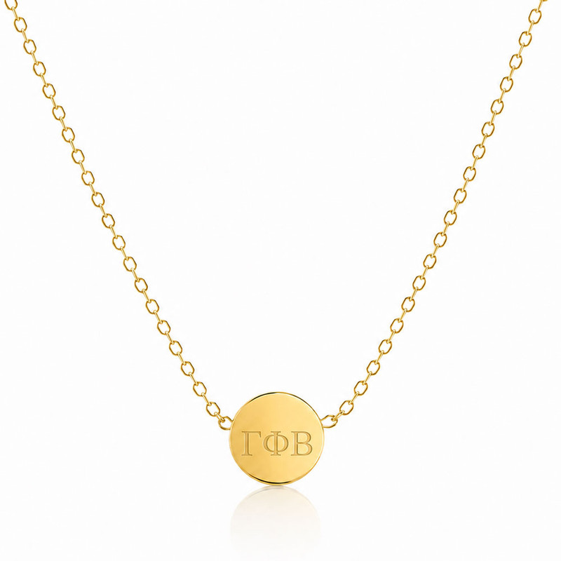 Gamma Phi Beta Gold Sorority necklace with Greek letters and crescent moon logo