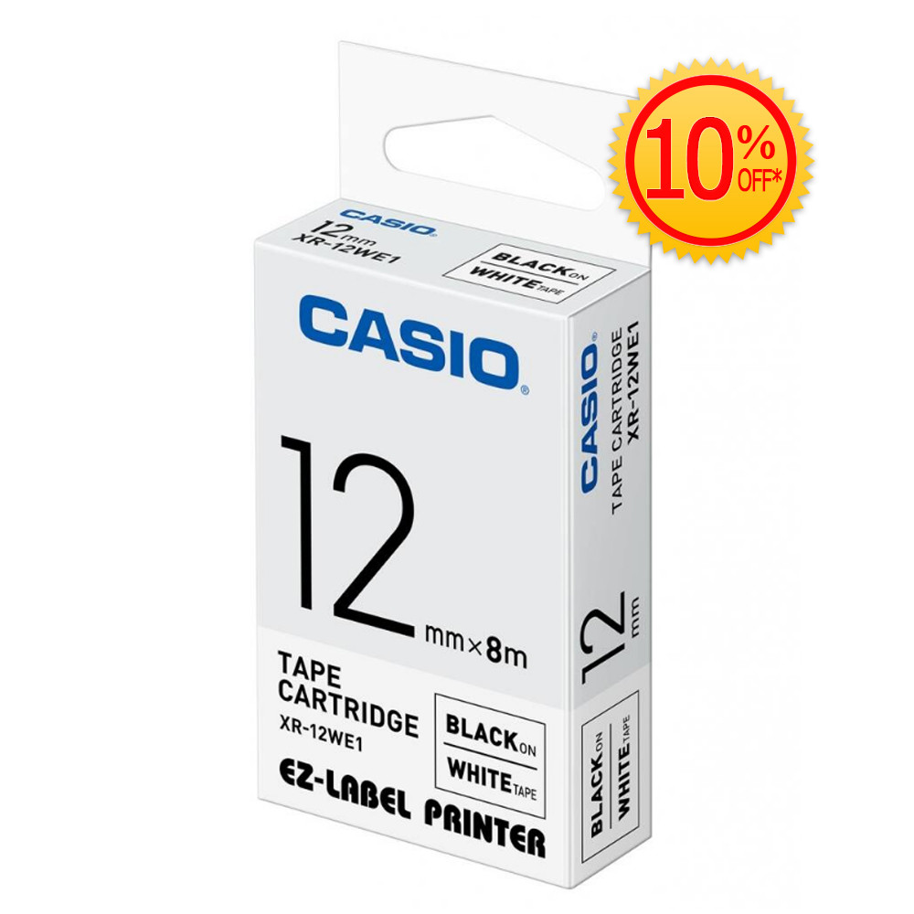 Original Casio EZ-Label XR-12WE1 Label Tape Cartridge (12mm Black