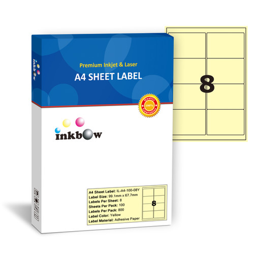 Inkbow Premium Quality Yellow Matte A4 Sticker Paper Labels for Inkjet & Laser Printer
