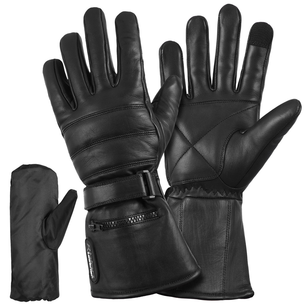 Leather Motorcycle Gauntlet Gloves with Rain Cover and Pocket - Touchscreen