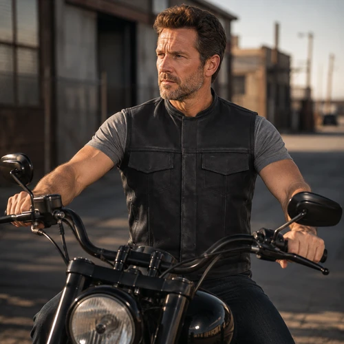 Black Sons of Anarchy Style Leather Vest  on  AI Model Generated Image