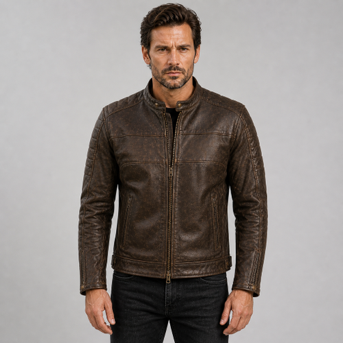 Frontier Dark Brown Vintage Leather Cafe Motorcycle Jacket Backside on AI generated model