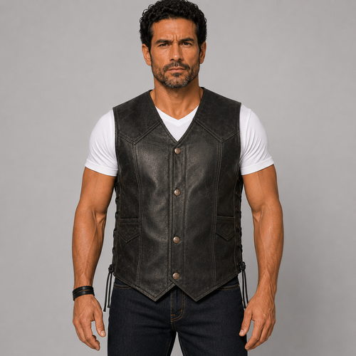Black Distressed Leather Vest with Stud Buttons & Hidden Zip on AI generated model