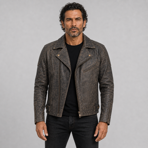 Brown Vintage Brando Motorcycle Jacket on AI generated model