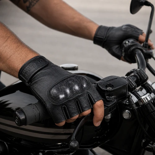 Fingerless Carbon Knuckle Leather Gloves on AI generated model