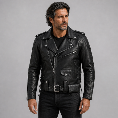 Man wearing Brando Classic Motorbike Jacket with Armour & Vents on AI generated model
