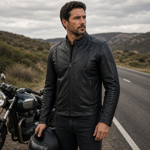 Torque Leather Motorcycle Jacket with Vents and Armour on open road