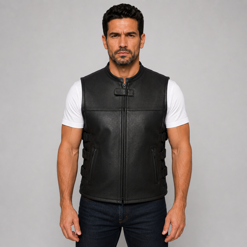 Swat Tactical Style Bikers Black Soft Leather Vest on AI generated model