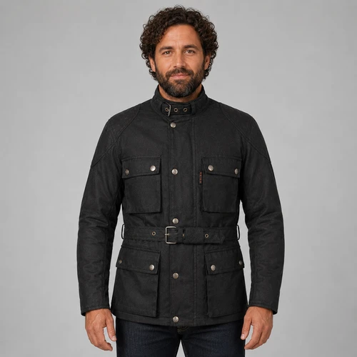 Waxed cotton motorcycle jacket on AI generated model