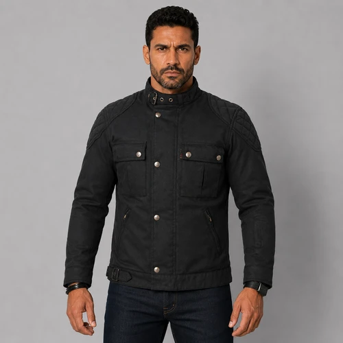 Strike Waxed Cotton Black Motorcycle Jacket Sports Style on AI generated model