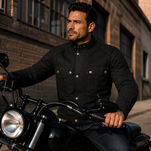 Strike Waxed Cotton Black Motorcycle Jacket Sports Style on AI generated model