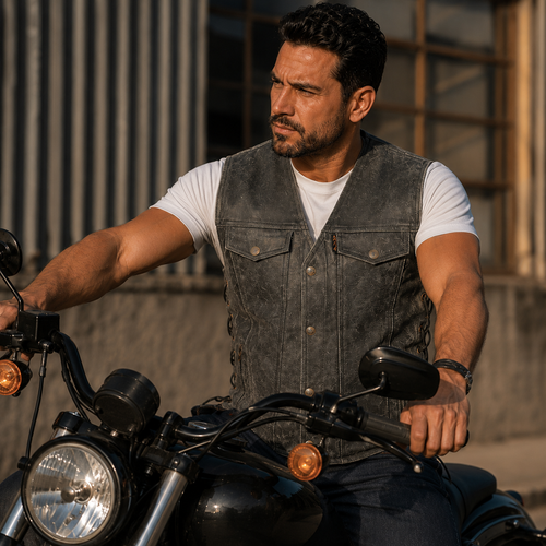 Raider Mens Charcoal Distressed Buffalo Leather Vest on AI generated model