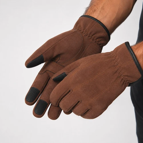 Short Cuff Motorbike Gloves Brown Tan Suede Motorcycle Gloves on AI generated model