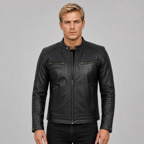 Black Leather Motorcycle Cafe racer Jacket on AI generated model