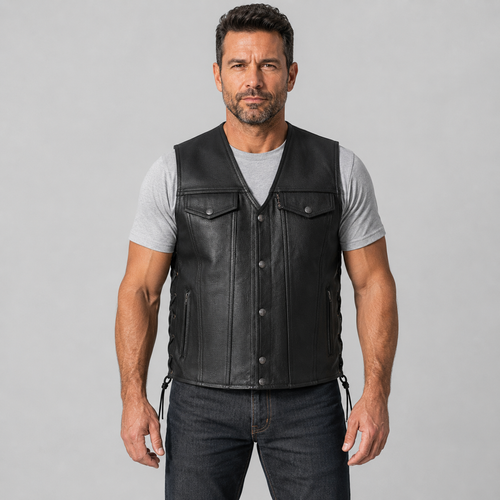 Outlaw Denim Style Motorcycle Biker Leather Waistcoat Vest with Side Lace  on AI generated model