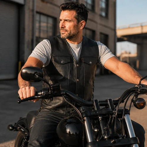 Outlaw Denim Style Motorcycle Biker Leather Waistcoat Vest with Side Lace  on AI generated model