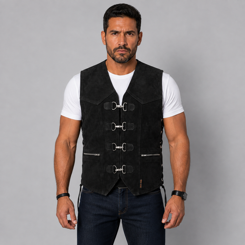 Suede Motorcycle Vest with Metal Clasps on AI generated model