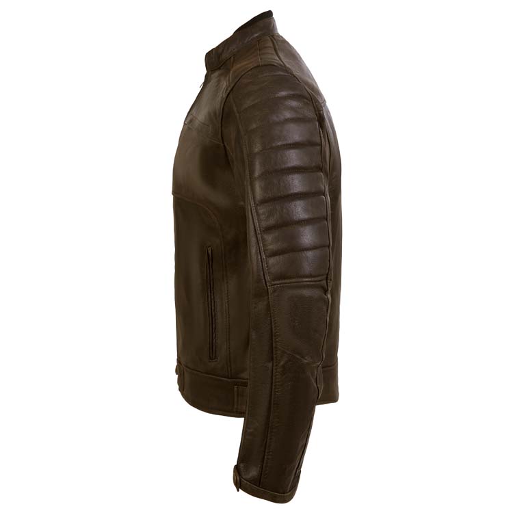 Side view of a men's brown leather motorcycle jacket